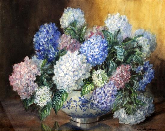 Marion Broom (Exh.1925-1939) Still life of Hydrangeas in a delft bowl, 21.5 x 29.5in.